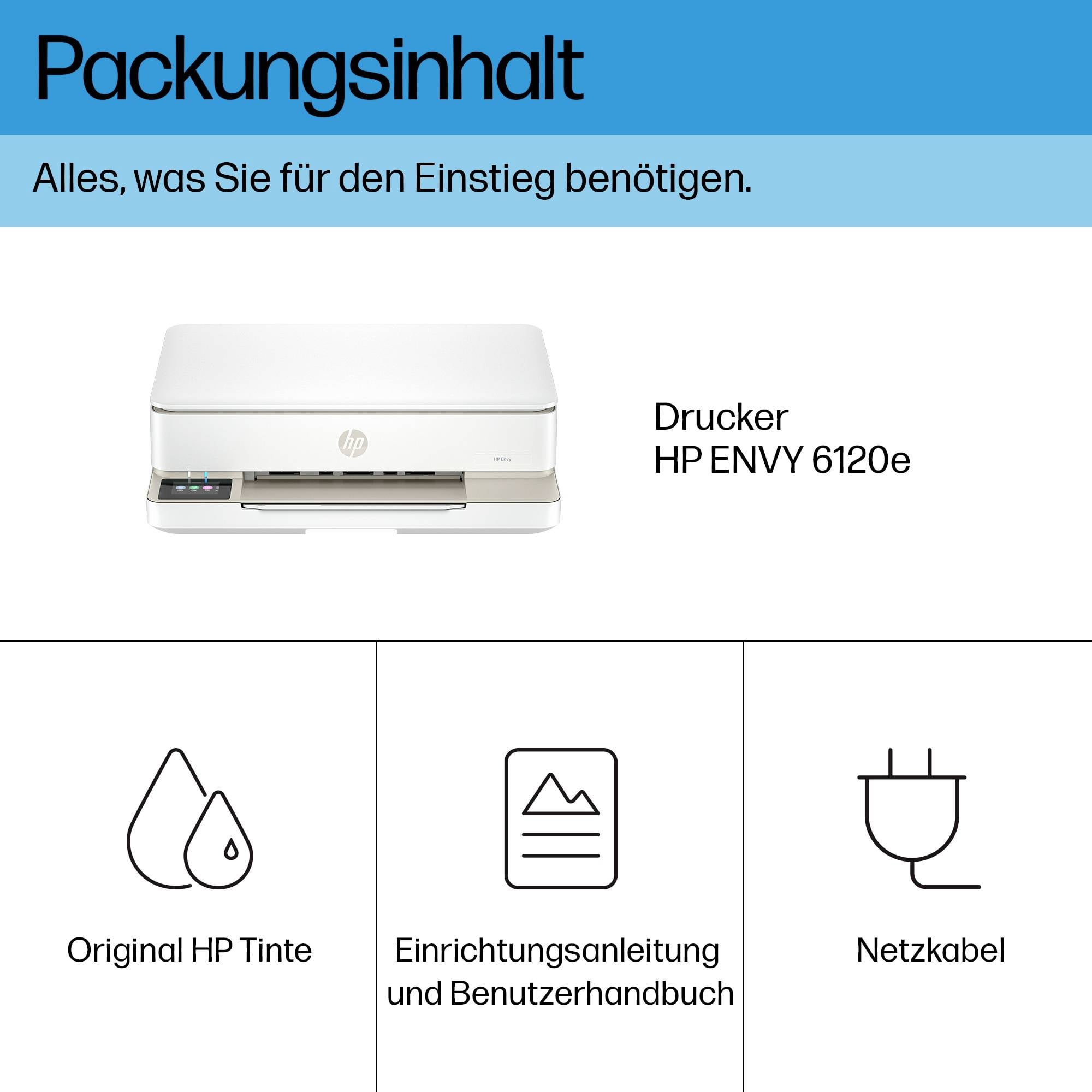 Obsah balenia: Tlačiareň HP ENVY 6120, originálny atrament HP, návod na inštaláciu a používateľská príručka, sieťový kábel.