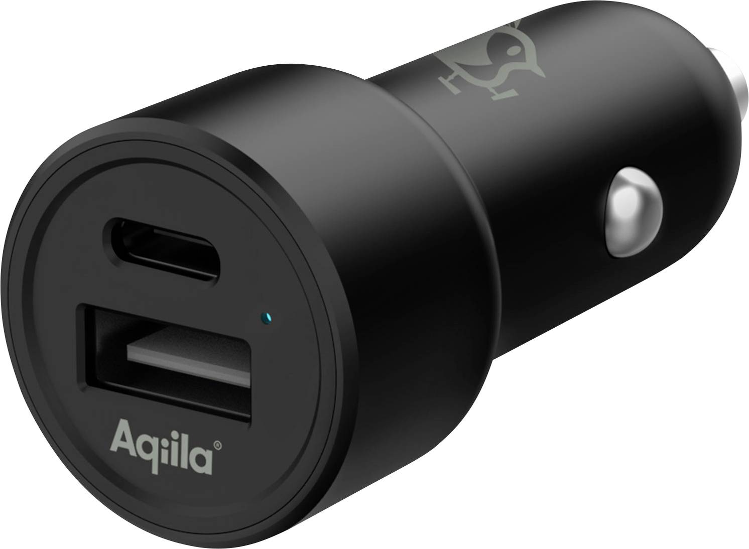 Čierna USB automobilová nabíjačka s dvoma portami, jeden USB-A a jeden USB-C. Zariadenie nesie logo 'Aqiila'.
