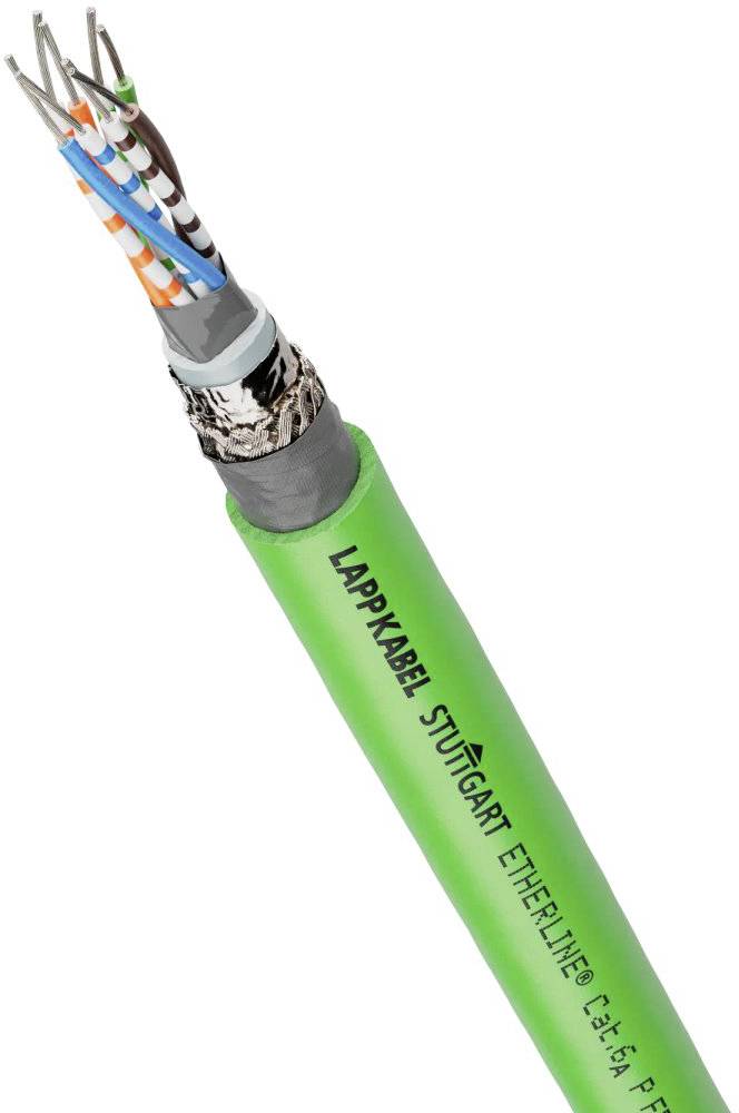 Zelený ethernetový kábel s odhaleným farebnokódovaným vedením. Na kábli je označenie: 'LAPP KABEL STUTTGART ETHERNET'.