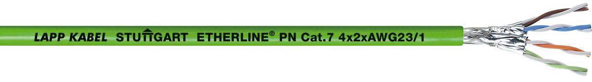 Zelený ethernetový kábel s nápisom 'LAPP KABEL STUTTGART ETHERLINE PN Cat.7 4x2xAWG23/1', čiastočne tienený.