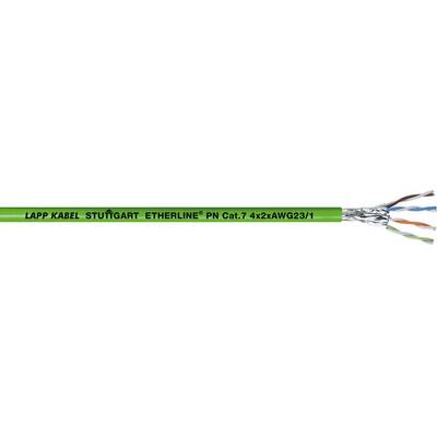 Zelený ethernetový kábel s nápisom 'LAPP KABEL STUTTGART ETHERLINE PN Cat.7 4x2xAWG23/1', čiastočne tienený.
