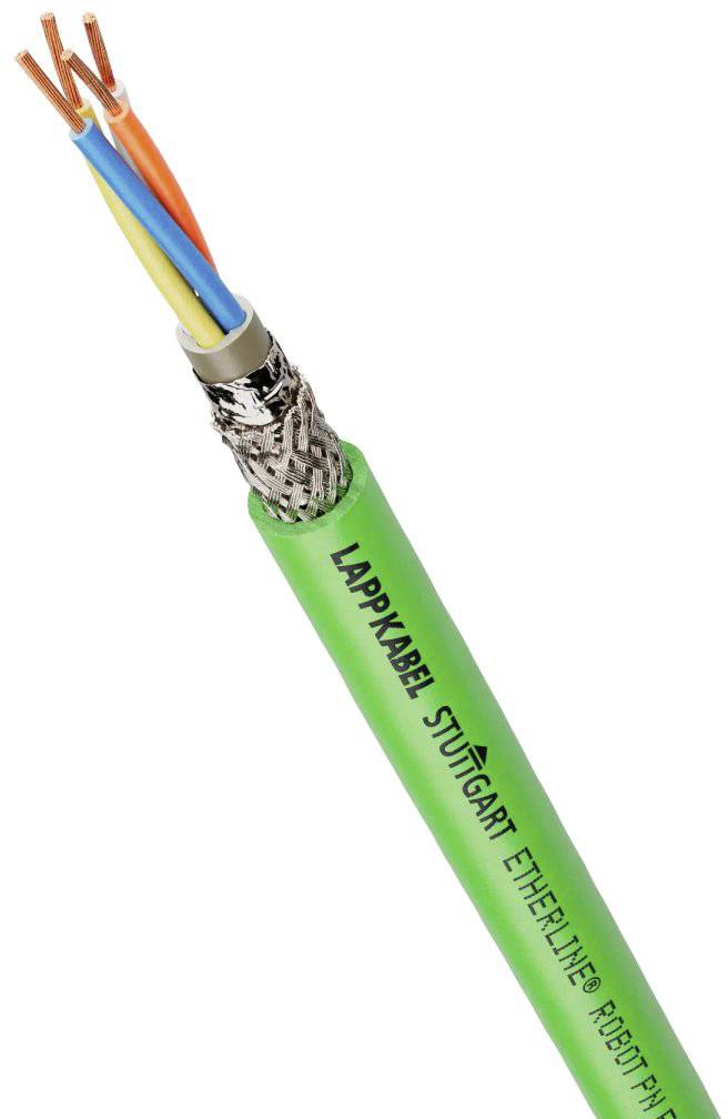 Zelený ethernetový kábel s odhaleným medeným vodičom, s nápisom 'Lappkabel Stuttgart Etherline'.