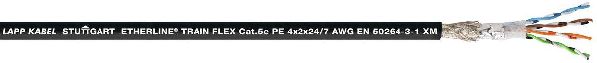 Čierne ethernetové káble s označením 'LAPP KABEL STUTTGART ETHERLINE TRAIN FLEX Cat.6a'. Kábel odhaľuje medené drôty a tienenie.