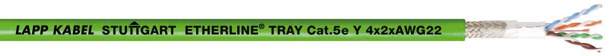 Zelený obal ethernetového kábla s nápisom 'Lapp Kabel Stuttgart ETHERLINE TRAY Cat.5e Y 4x2xAWG22' zobrazuje štruktúru kábla v priečnom reze.