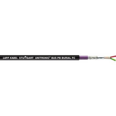 Čiernobiely kábel UNITRONIC® s viditeľným textom 'LAPP KABEL STUTTGART'. Prierez kábla ukazuje kovovú tieniacu vrstvu a farebné vodiče.