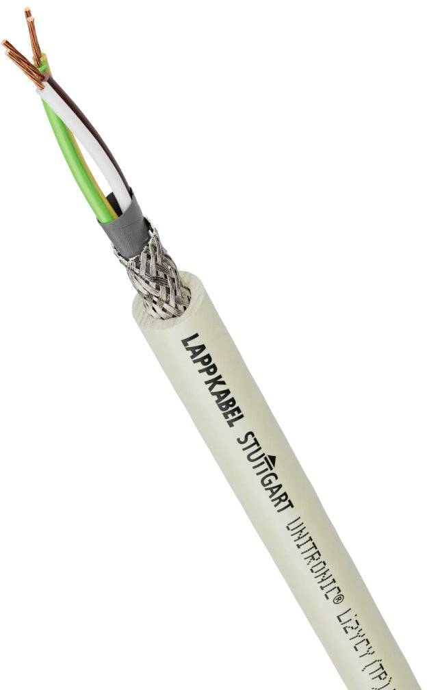 Elektrický kábel s ochranným plášťom a farebnými vodičmi viditeľnými zvonku, označenie: 'Lappkabel Stuttgart UNITRONIC LiYCY 1x2x0.75'.