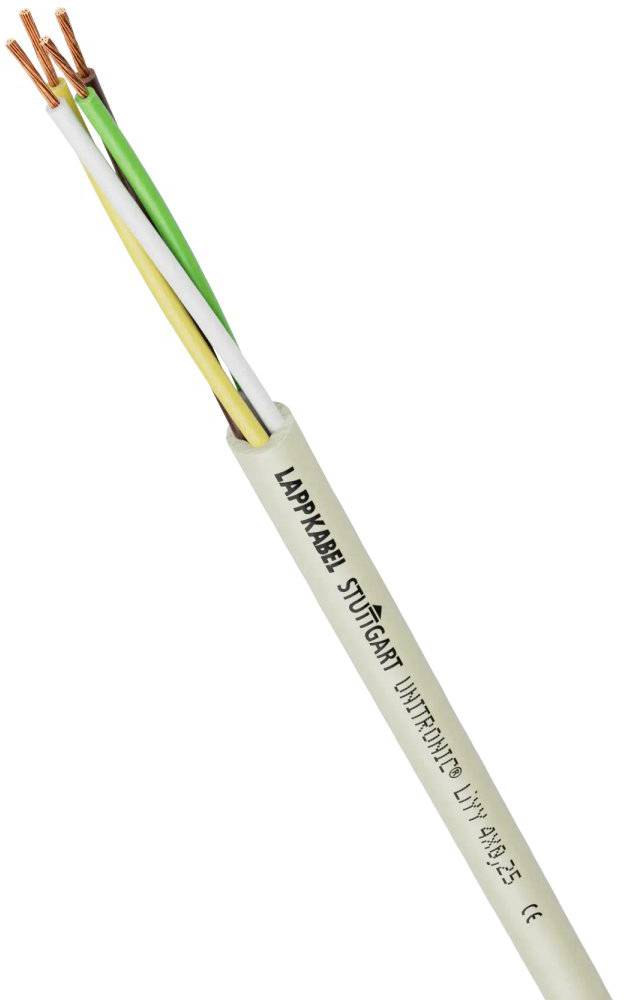 Detailný záber elektrického viacžilového kábla s nápisom 'Lapp Kabel Stuttgart Unitronic'. Tri voľne uložené medené drôty.