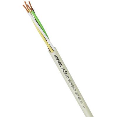 Detailný záber elektrického viacžilového kábla s nápisom 'Lapp Kabel Stuttgart Unitronic'. Tri voľne uložené medené drôty.