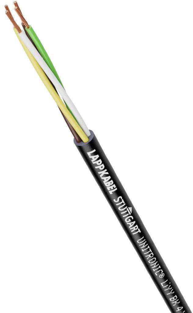 Koaxiálny kábel so štyrmi farebnými vodičmi: zeleno-žltý, hnedý, sivý a biely. Potlač 'Lappkabel Stuttgart'.