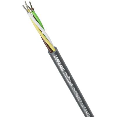 Šedý kábel so štyrmi farebnými vodičmi (zelený, biely, žltý, hnedý) je označený nápisom 'LAPPKABEL STUTTGART UNITRONIC® LiYY 4x0,25'.