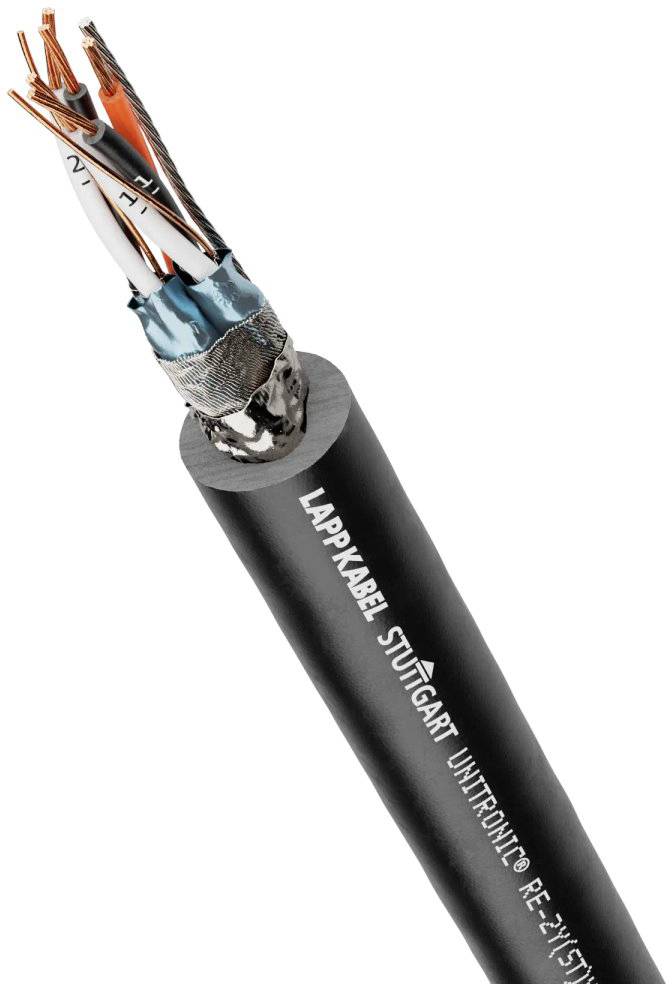 Čierny kábel s odhaleným, viacvodičovým drôteným koncom. Na kábli je nápis: Lappkabel Stuttgart Unitronic RE-2Y(ST)Y.