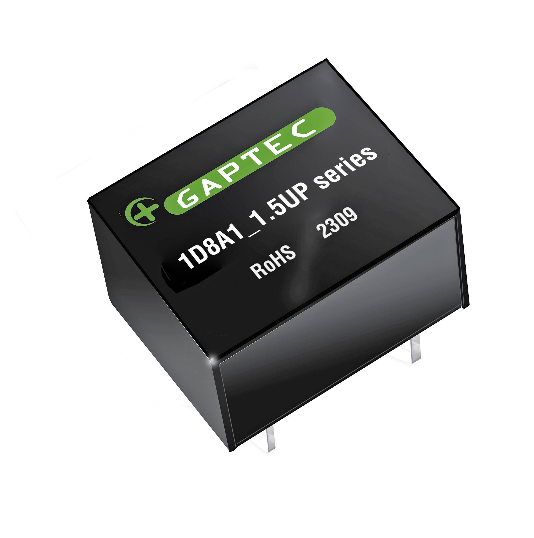 Čierny elektronický súčiastkový kocka s nápisom 'GAPTEC 1DBA1 1.5UP series', dva pripojovacie piny dole, v súlade s RoHS.