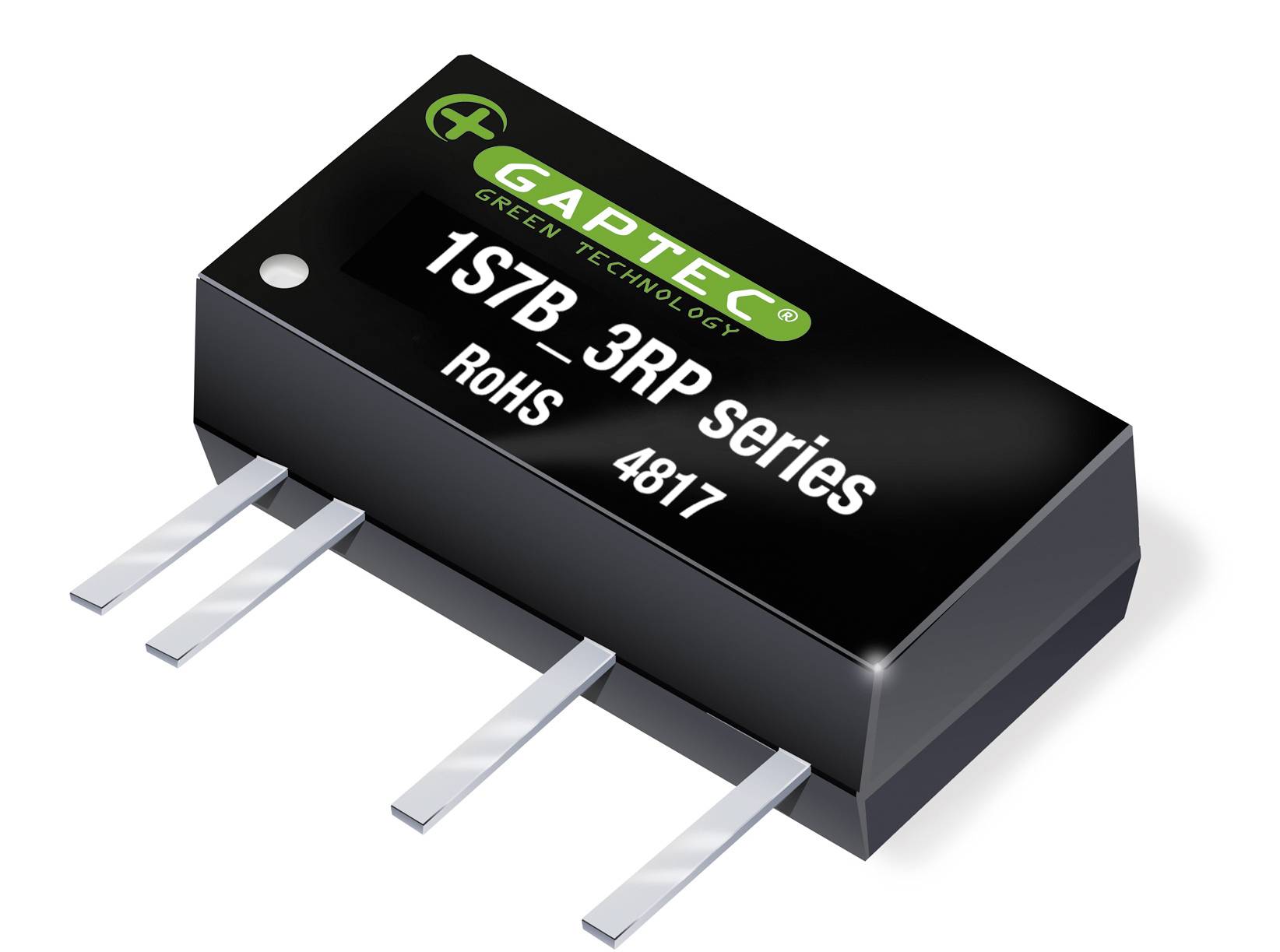 Čierny elektronický čip s nápisom 'GAPTEC 1S7B 3RP series RoHS 4817'. Štyri strieborné konektory vyčnievajú von.