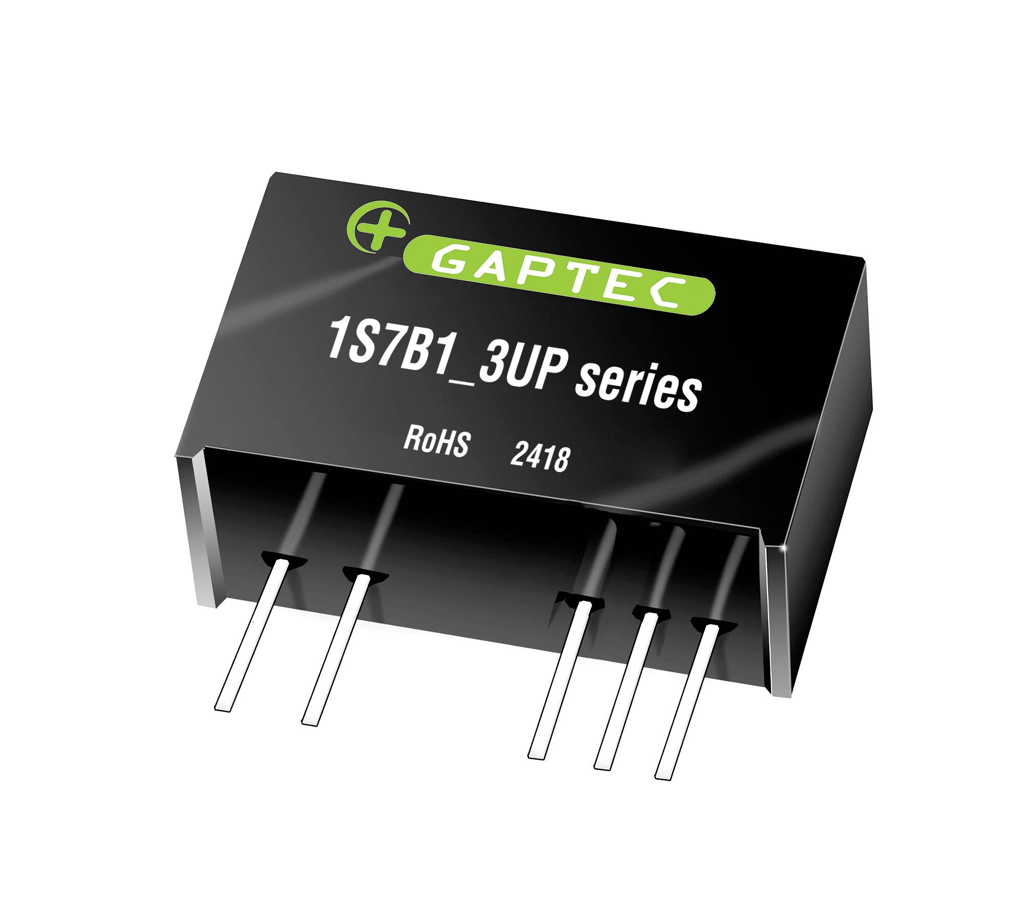 Čierny elektronický komponent s nápisom 'GAPTEC 1S7B1_3UP series', pod ním 'RoHS 2418'. Štyri kovové kolíky vyčnievajú von.