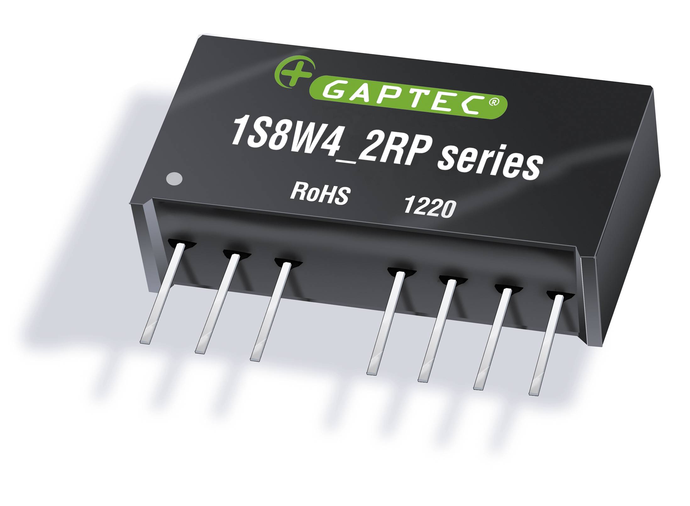 'GAPTEC 1S8W4_2RP séria' Elektronický komponent so šiestimi kolíkmi, potlačený nápisom 'RoHS 1220'.