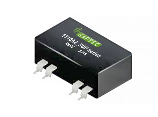 Elektronický komponent s nápisom 'GAPTEC 1T1042-3UP series ROHS 2.41G', zobrazuje čierne puzdro so štyrmi vývodmi.
