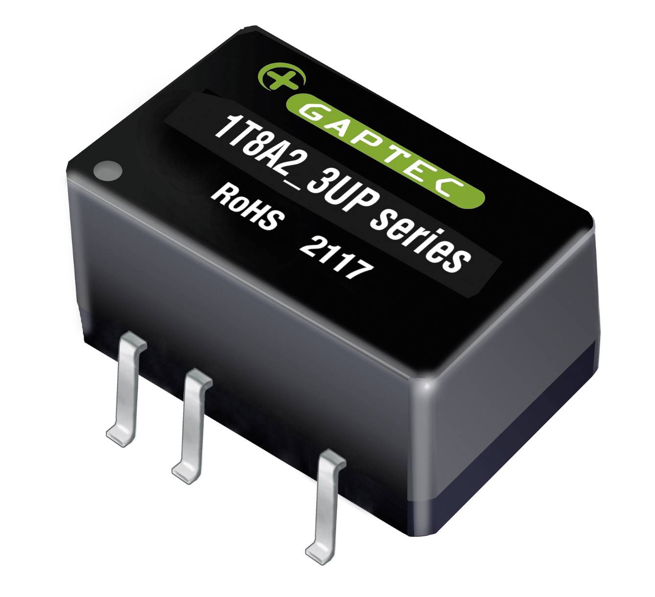 Elektronický súčiastkový (IC) čip s nápisom 'GAPTEC 1T8A2_3UP series RoHS 2117', ktorý obsahuje tri kontakty na spodnej strane.
