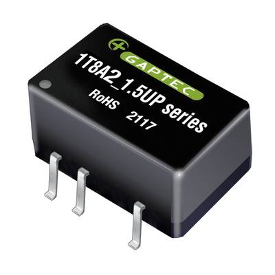 Elektronický komponent s nápisom 'GAPTEC 1T8A2.1.5UP series ROHS 2117', s tromi pripojeniami a čiernym púzdrom.