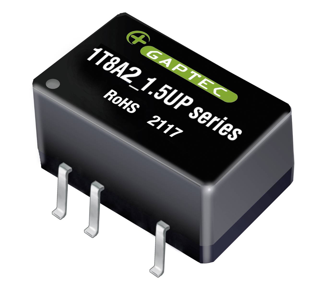 Čierny elektrický komponent s nápisom 'GAPTEC', '1T8A2,1.5UP series', 'ROHS 2117'. Zobrazuje tri pripájacie nohy.