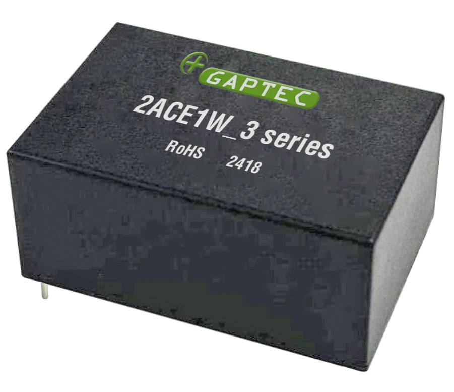 Čierna elektrická súčiastka s nápisom 'GAPTEC 2ACE1W_3 series RoHS 2418', obdĺžnikového tvaru, dva pripojenia dole.