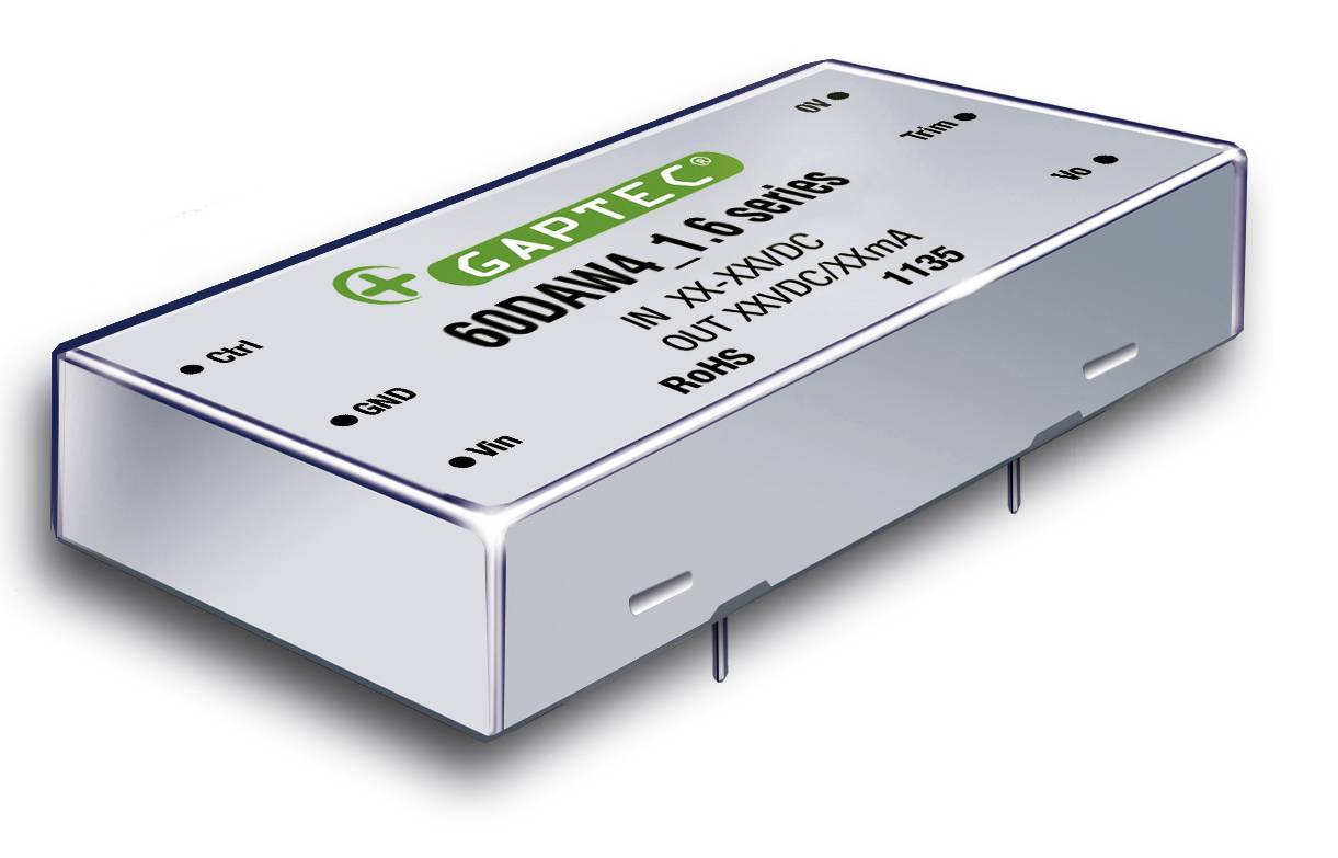 Elektronický modul od GAPTEC, séria 60DAHW, konvertuje vstupné napätie 18-75VDC na výstupné napätie 15VDC pri 4A.