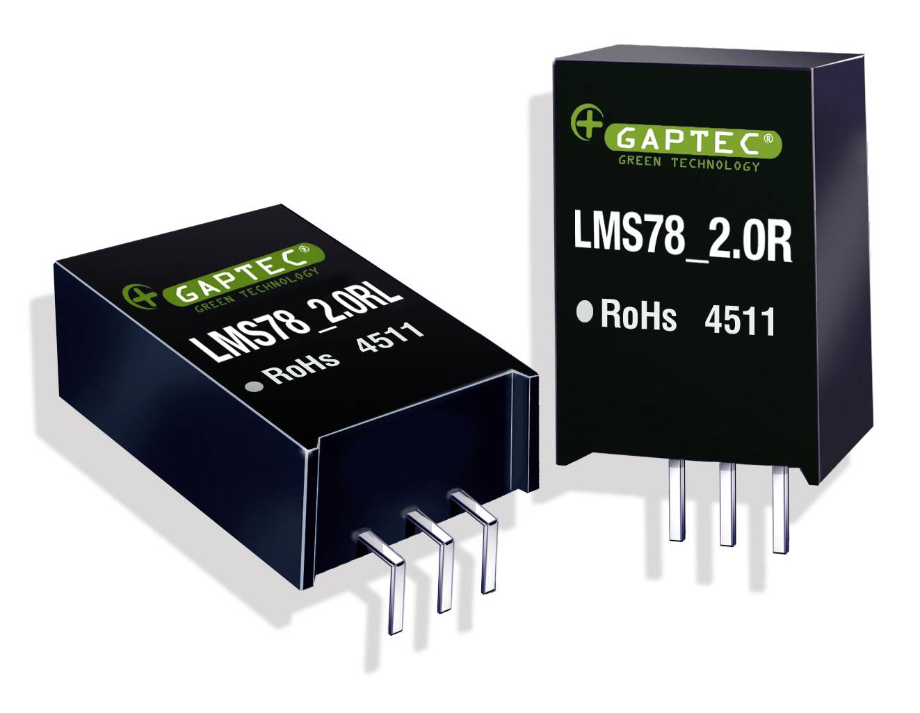 Dva elektronické komponenty s nápisom 'LMS78_2.0R' a 'RoHs 4511'. Tieto nesú zelené logo GAPTEC.