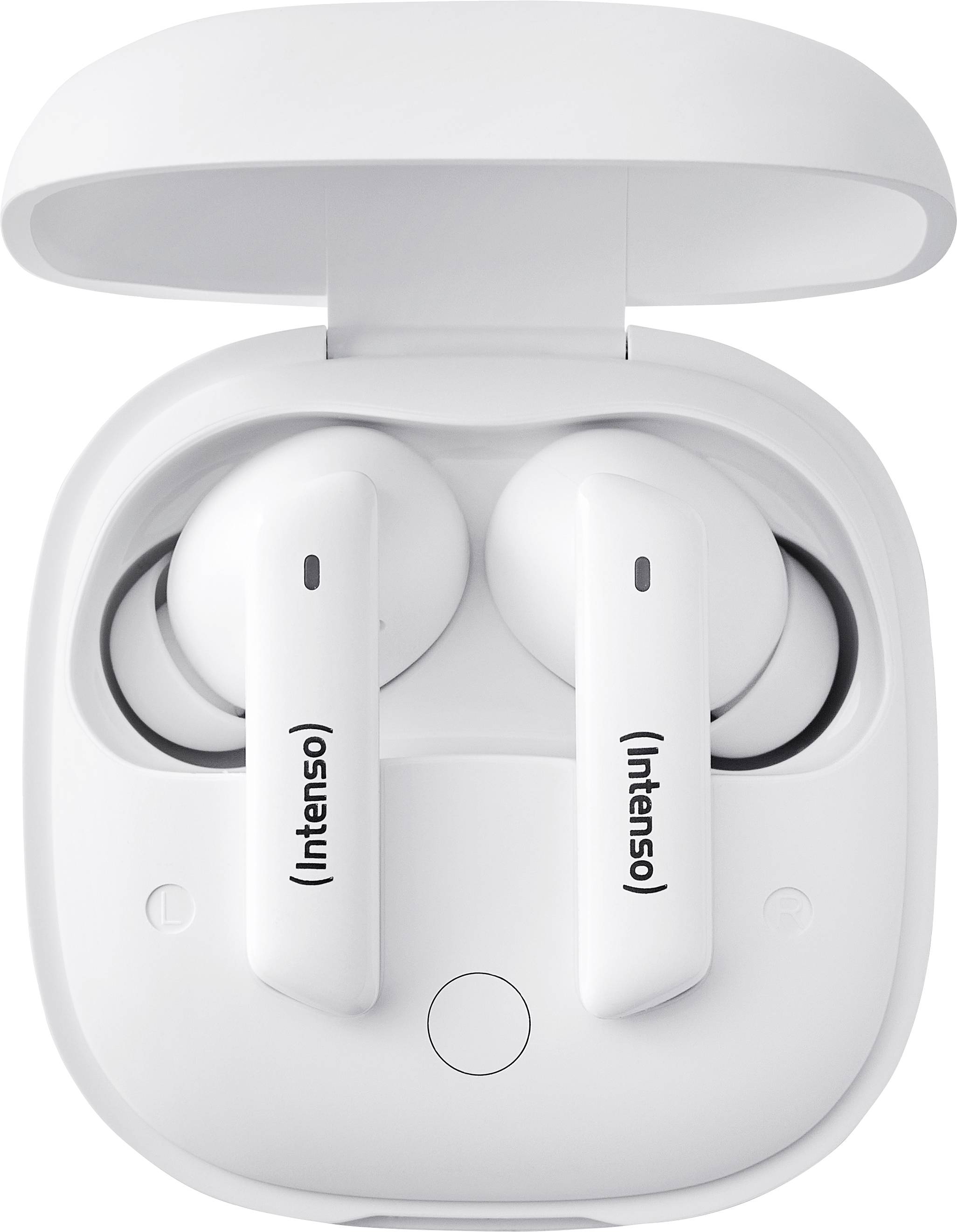 Pár bezdrôtových in-ear slúchadiel v otvorenom nabíjacom puzdre. Slúchadlá sú biele s logom 'Intenso' na každom špúnte.