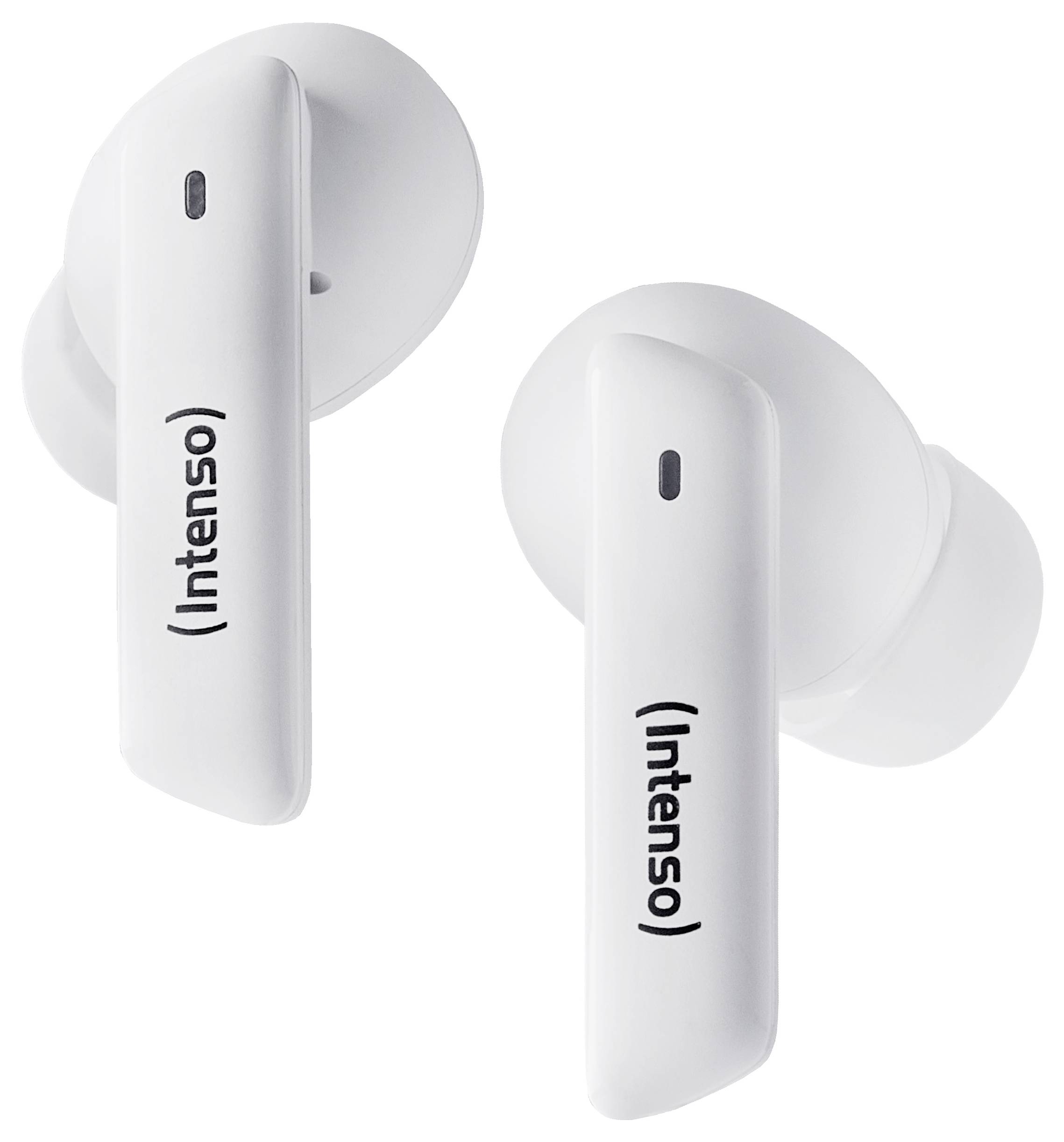 Dva biele bezdrôtové in-ear slúchadlá značky Intenso. Majú lesklý povrch a štíhly, moderný dizajn.