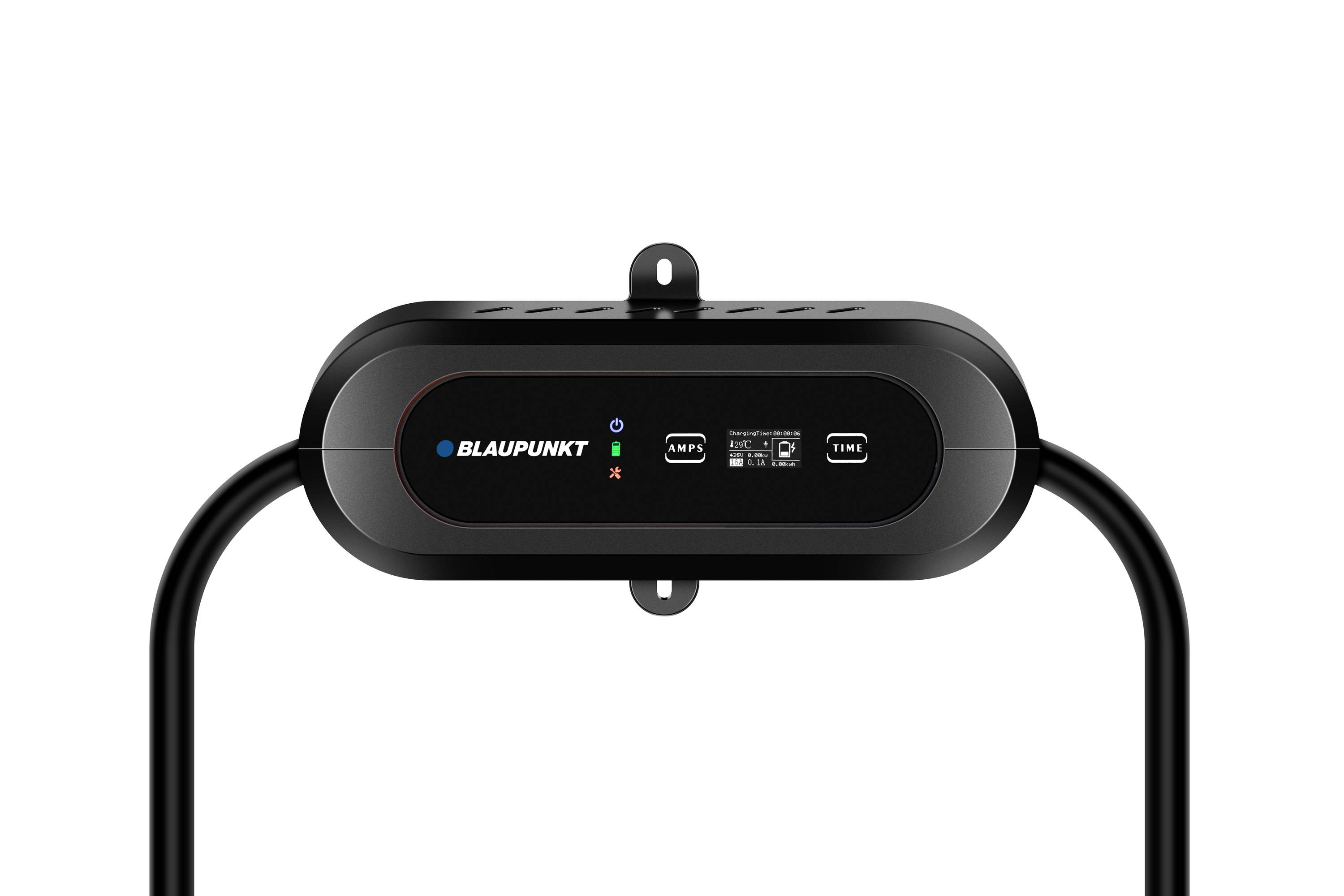 Čierne zariadenie s nápisom 'Blaupunkt', s viacerými tlačidlami a LED displejmi, umiestnené na stojane.