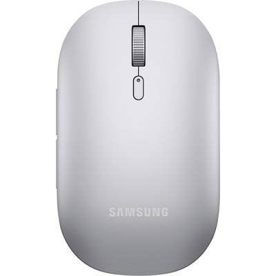 Pohľad zhora na striebornú počítačovú myš Samsung so scrollovacím kolieskom. Dizajn je minimalistický a bezdrôtový pre jednoduché používanie.