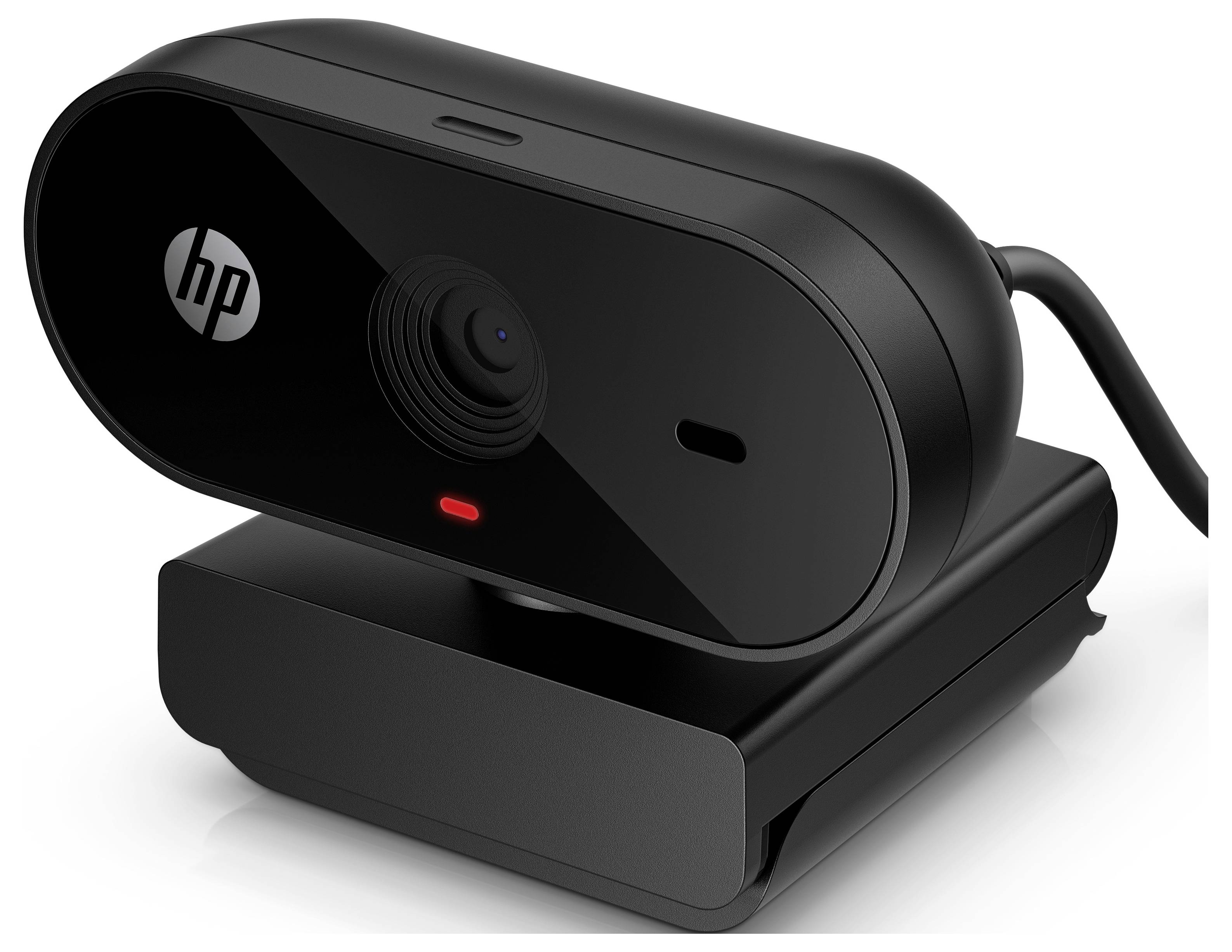 Čierna webkamera HP na stojane s káblom, viditeľný je objektív a červené svetlo.