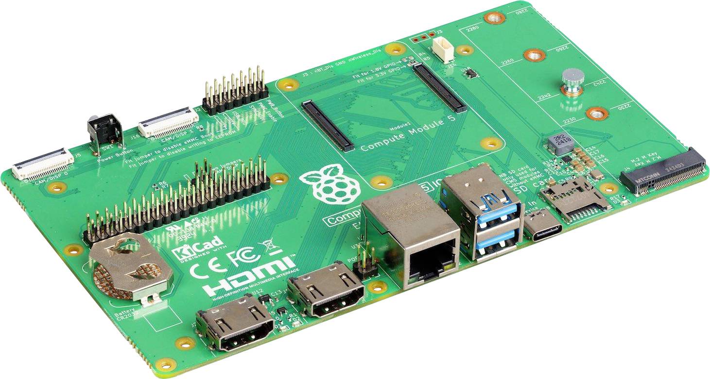 Zelená základná doska s rôznymi konektormi ako HDMI, USB a Ethernet. V strede nesie logo Raspberry Pi.