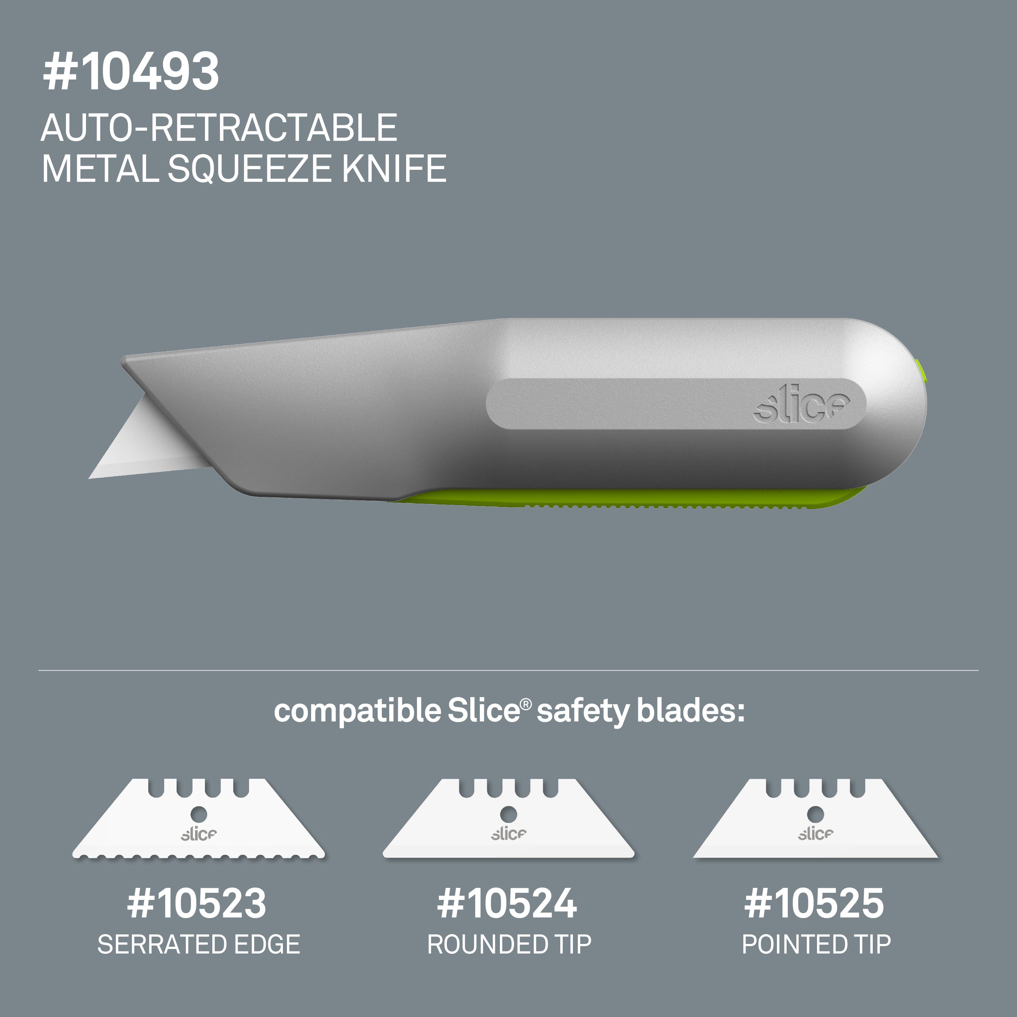 Zaťahovací kovový nôž s ergonomickou rukoväťou. Kompatibilný s čepeľami: 10523 (zúbkovaná), 10524 (zaoblená), 10525 (špicatá).