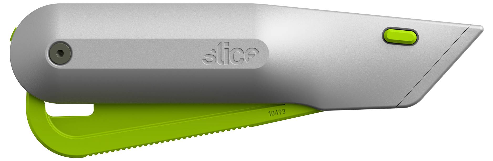 Strieborný bezpečnostný nôž so zelenou rukoväťou a posuvným tlačidlom. Vložené logo 'Slice'. Vhodný na rezanie kartónu alebo papiera.