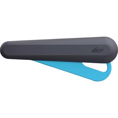 Modrý bezpečnostný kartónový otvárač s ergonomickou čiernou rukoväťou a mierne zúbkatým čepeľou.