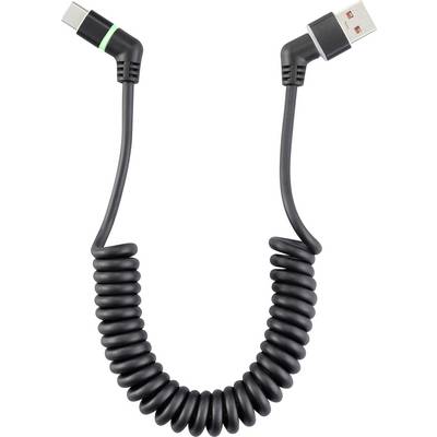 Čiernený špirálový USB kábel s konektormi USB-A na USB-C, vhodný pre flexibilné nabíjacie a dátové prepojenia.