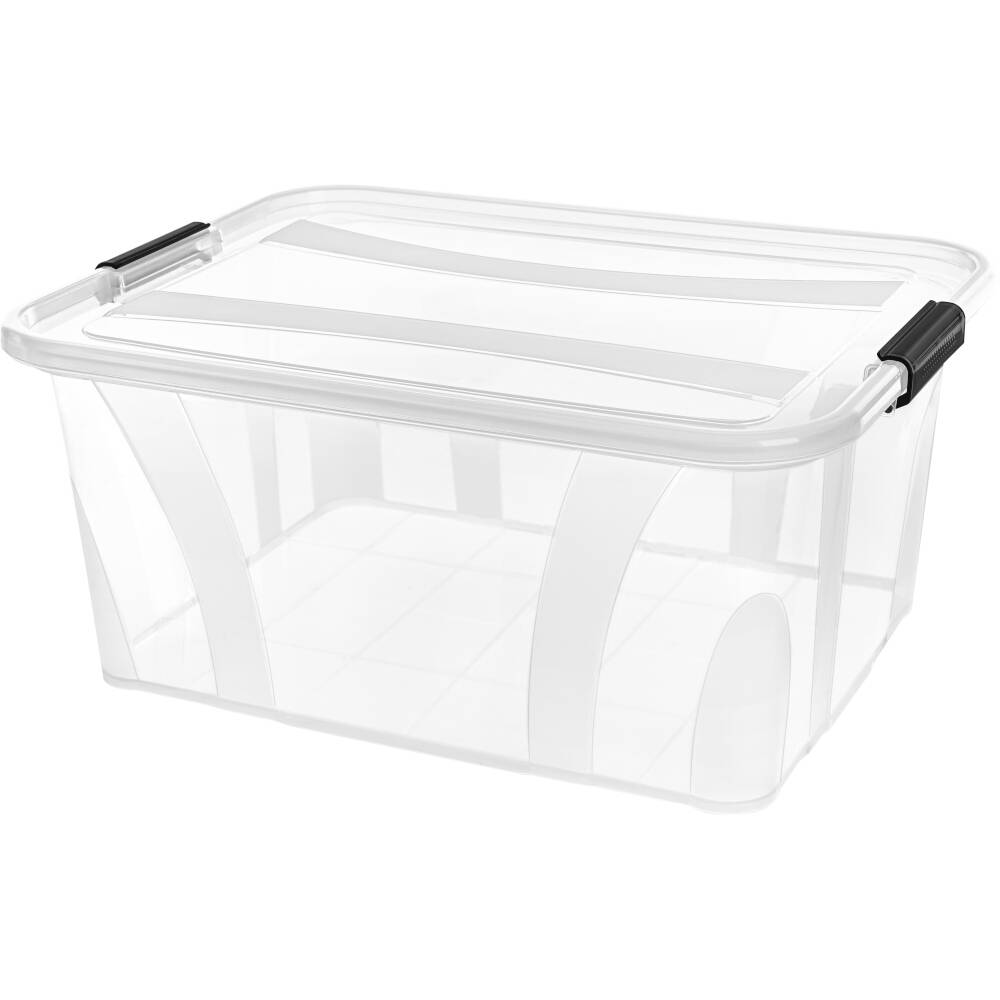 Priehľadný plastový úložný box s čiernym vekom a rukoväťou, vhodný na ukladanie predmetov v domácnosti.
