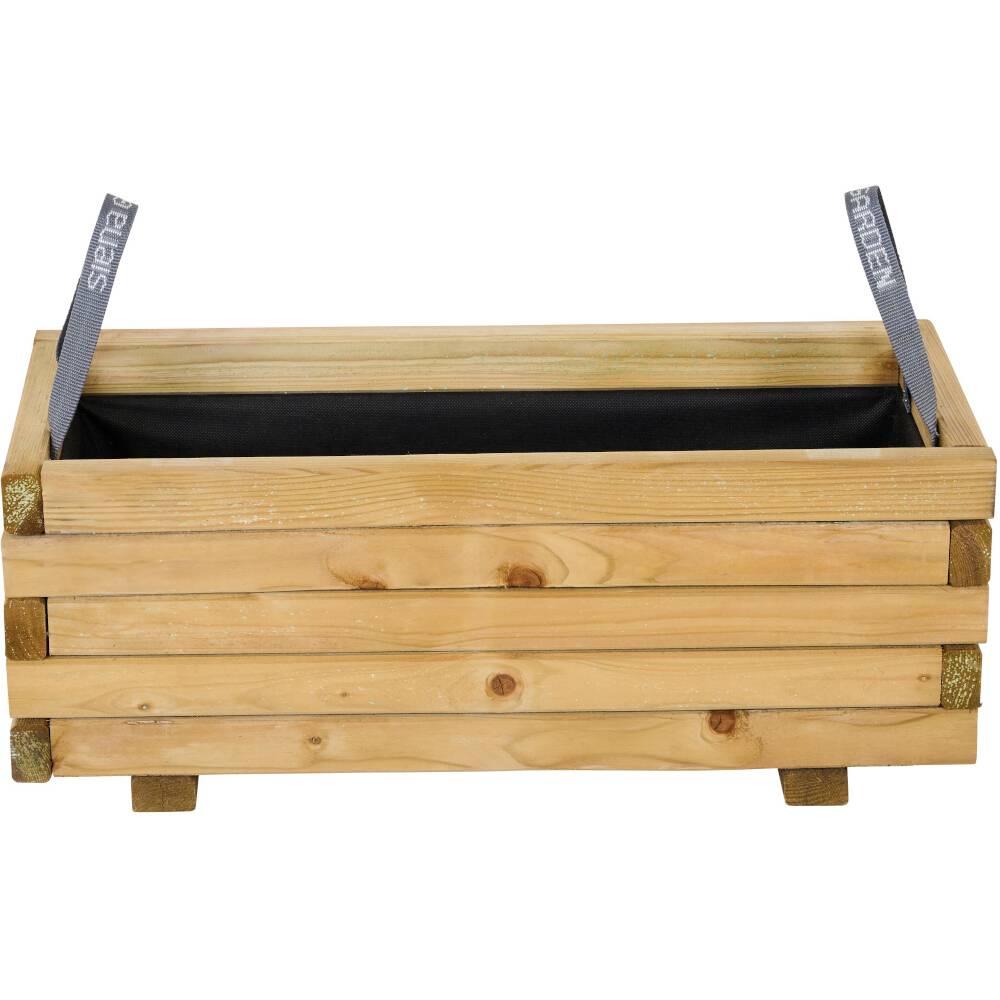 Obdĺžnikový drevený box s dvomi popruhmi na stranách, zjavne vhodný ako kvetináč alebo úložný priestor.