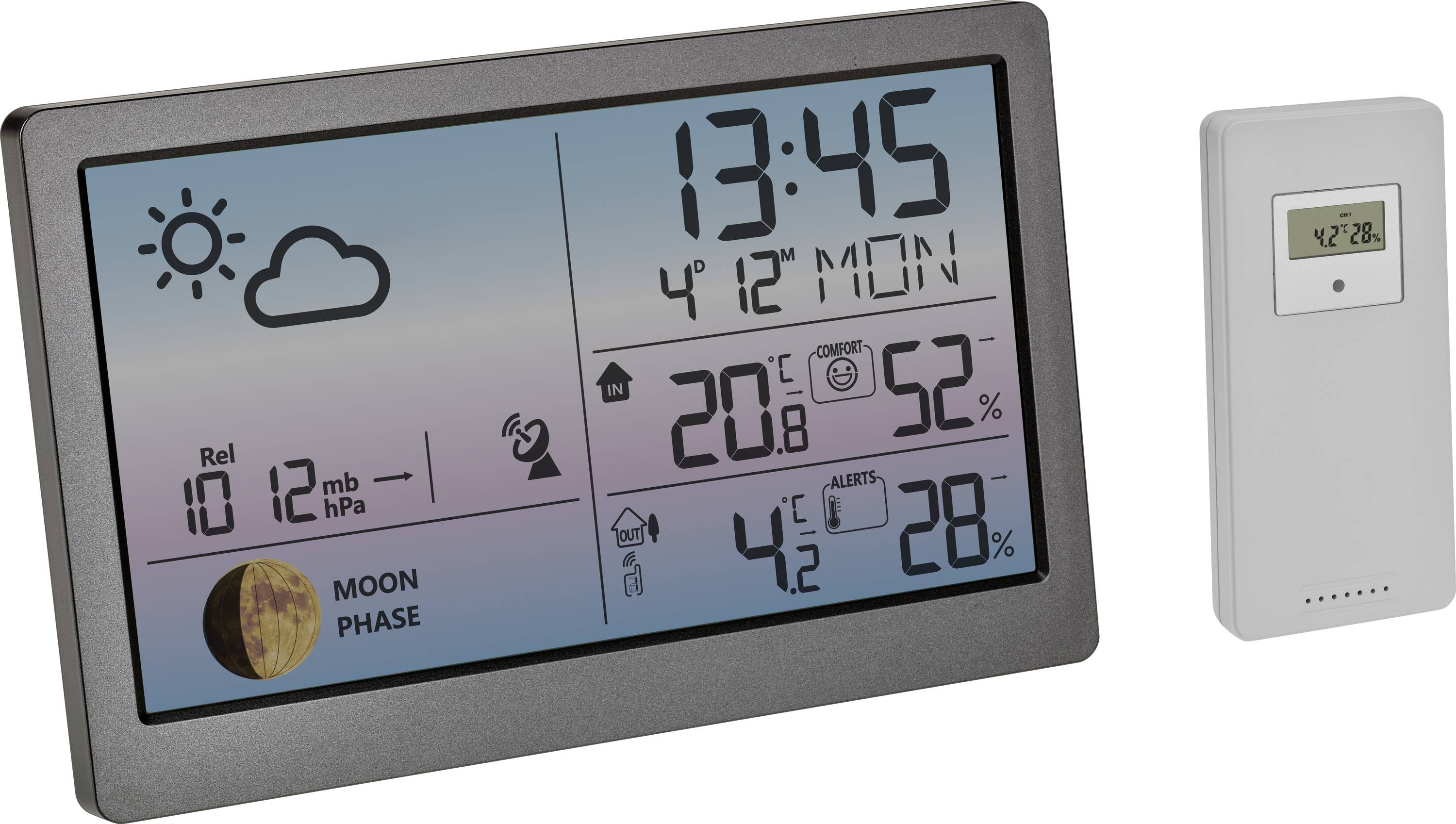 Digitálny displej počasia s časom 13:45, dátumom 4.12., teplotou vnútri 20,8°C, vonku 4,2°C, vlhkosťou vzduchu 52%, symbolmi predpovede počasia, fázou mesiaca.