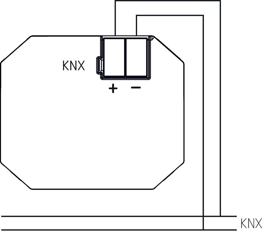 Schéma elektrického zariadenia s boxom v pravom hornom rohu, označeným ako 'KNX' so symbolmi '+' a '-'.