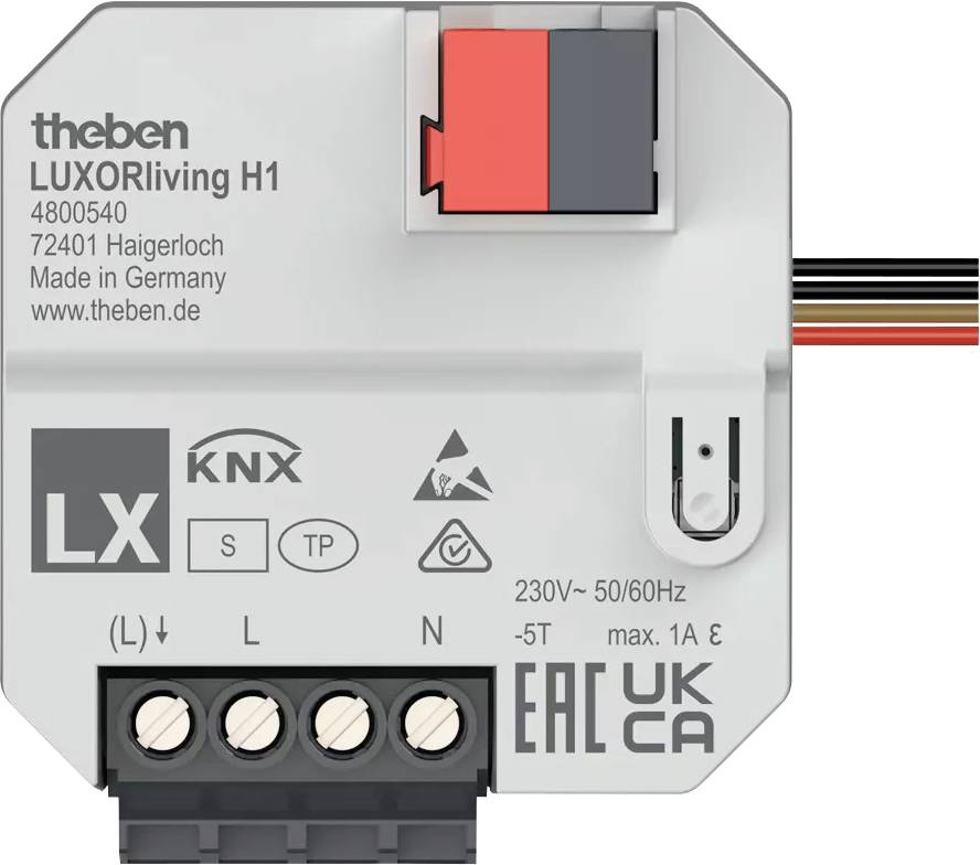 Inteligentný domový spínač od Thebenu, model LUXORliving H1, zobrazuje niekoľko symbolov a technických špecifikácií, ako napríklad 230V/50Hz.