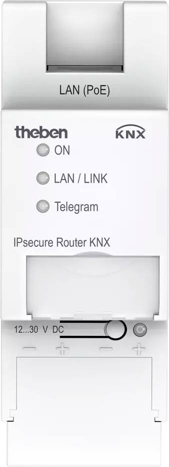 'IPsecure Router KNX' od Thebenu s LED diódami pre ON, LAN/LINK a Telegram. Vstupy pre LAN (PoE) a 12...30 V DC.