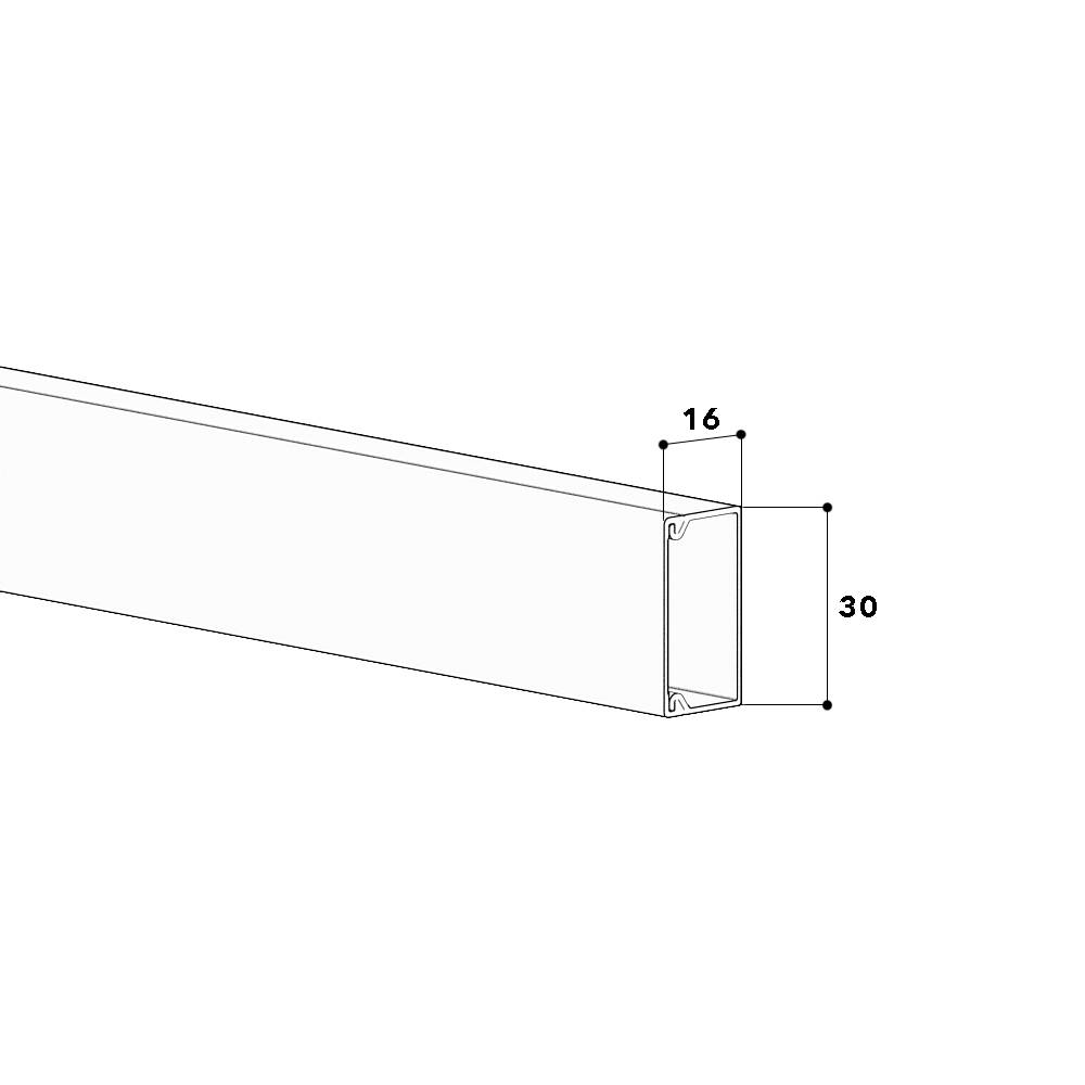 Technický výkres C-profilu. Šírka je 16 mm, výška 30 mm. Obrázok znázorňuje 3D pohľad na prierez.