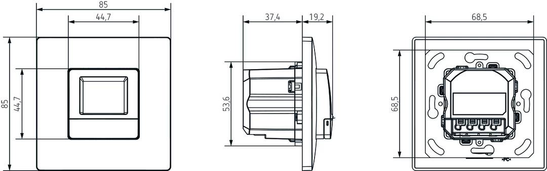 Technický výkres stenového alebo stropného reproduktora s rozmermi: celková výška 53,6 mm a predné schodíkovité zníženie 19,2 mm.