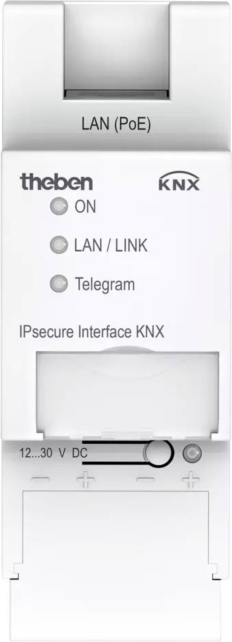 Biele KNX IPsecure rozhranie s tromi svetlami: 'ON', 'LAN / LINK', 'Telegram', s označením 'IPsecure rozhranie KNX'.