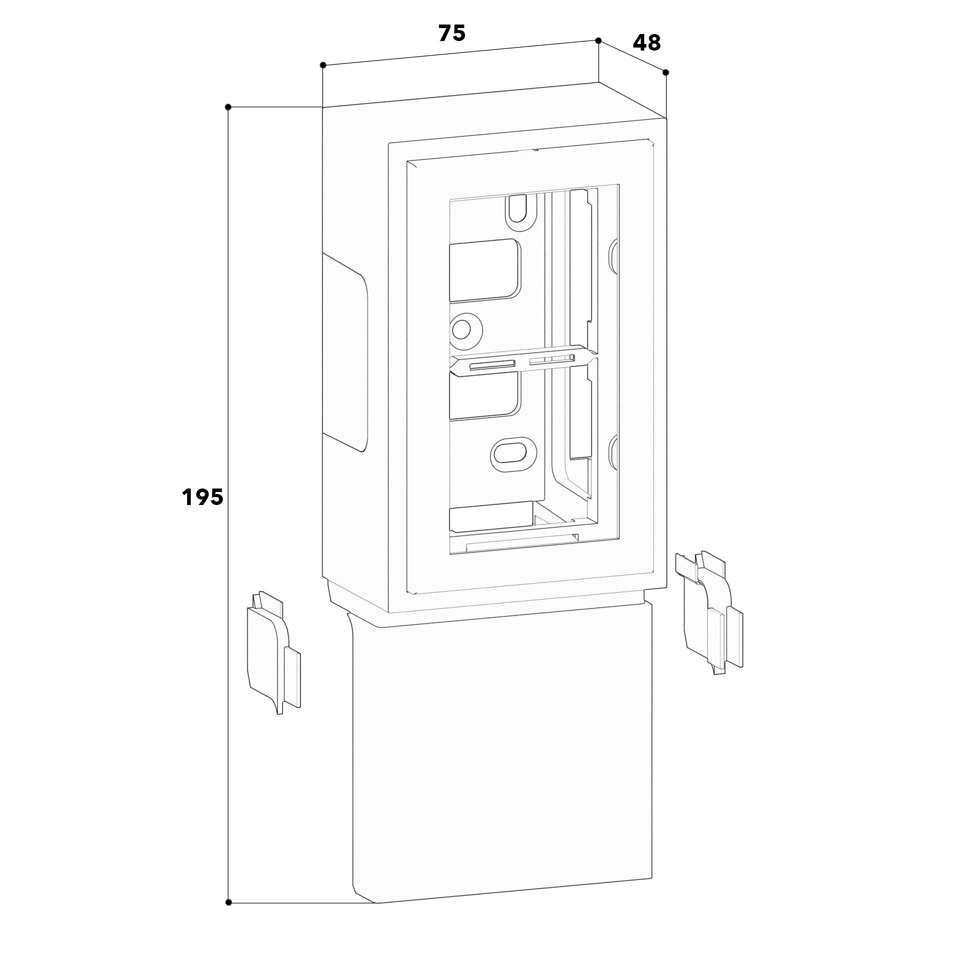 Technický výkres obdĺžnikového zariadenia s rozmermi: výška 195 cm, šírka 75 cm, hĺbka 48 cm. Dva bočné úchyty.