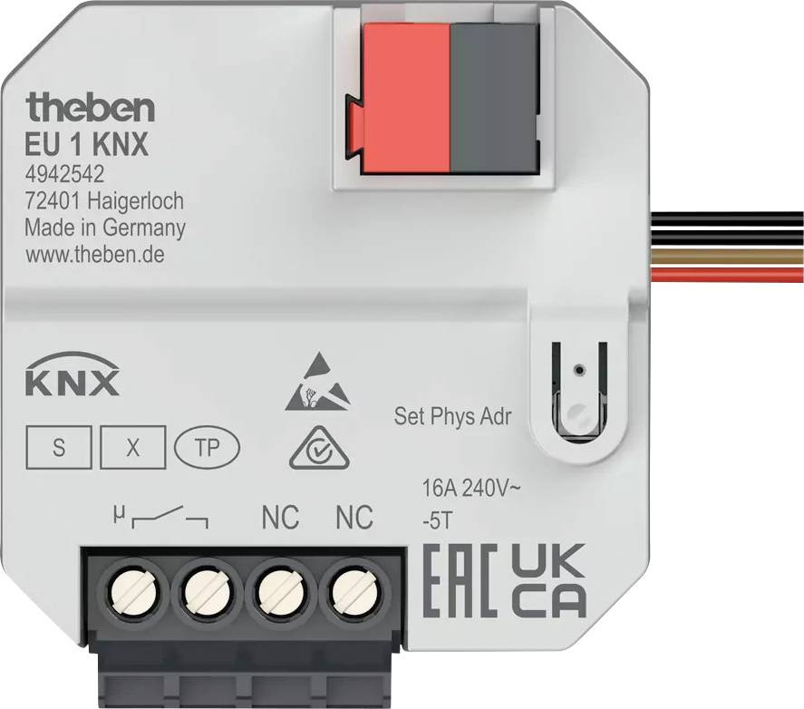Zabudované zariadenie s viacerými prípojkami a symbolmi. Nápis: 'theben', 'EU 1 KNX', 'Made in Germany'. Vhodné pre KNX systémy.