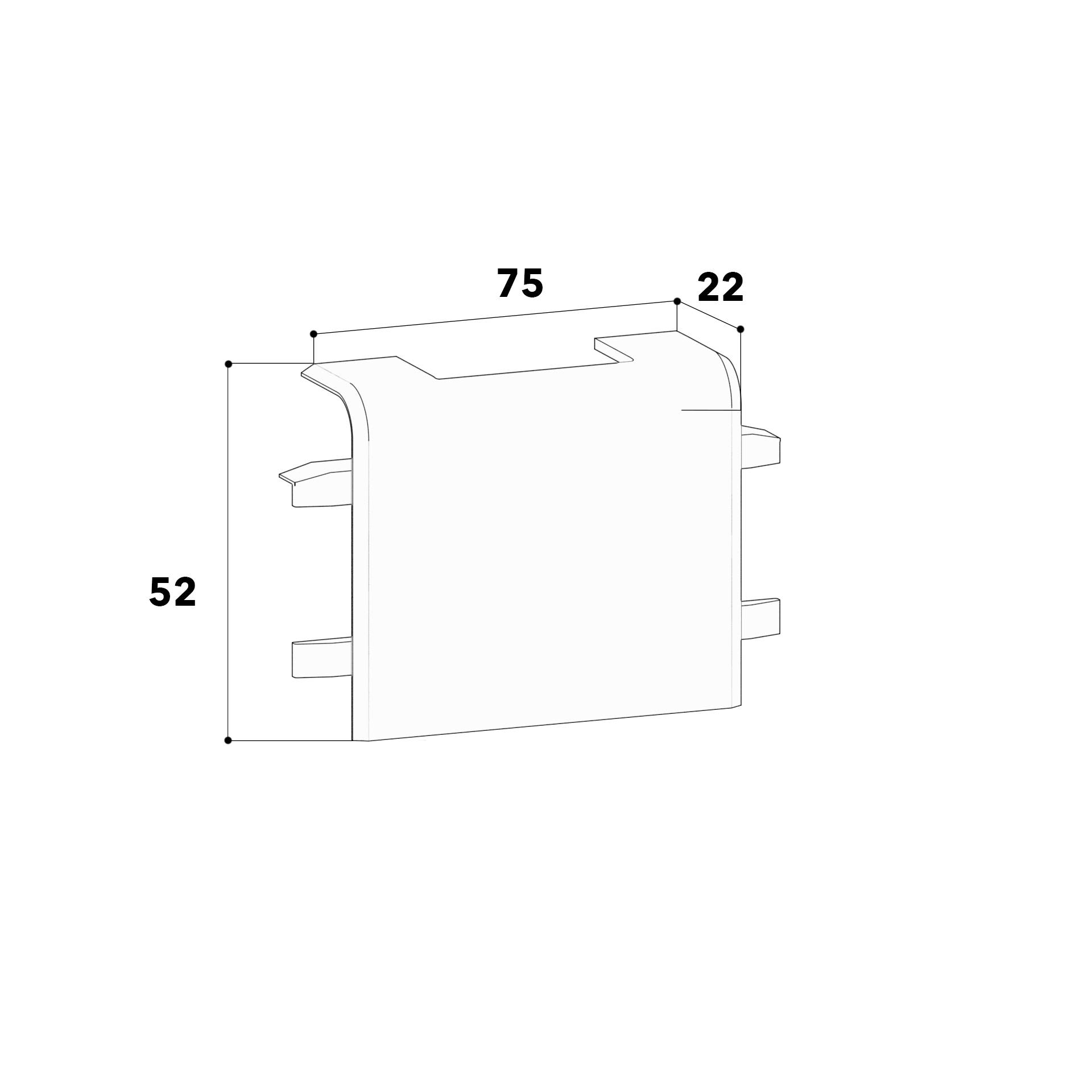 Technický výkres obdĺžnikového dielu s rozmermi 75 mm dĺžka, 22 mm šírka a 52 mm výška. Priečny rez.