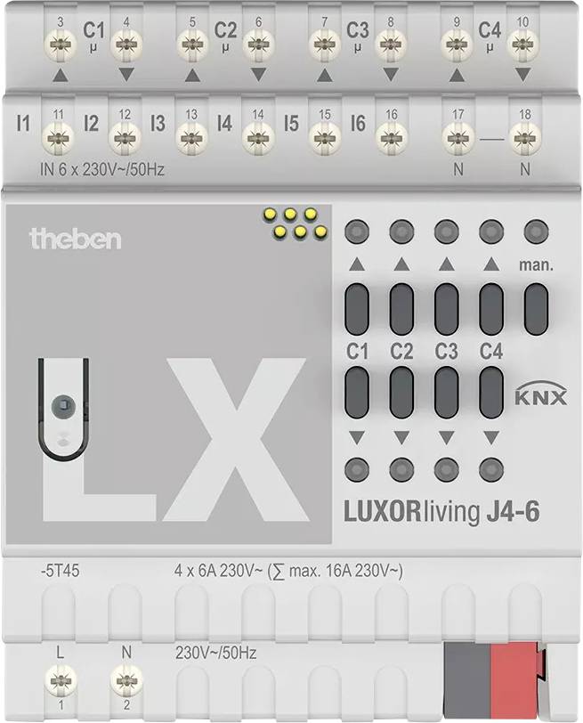 Elektrické spínacie zariadenie 'LUXORliving J4-6' od Thebenu. Horná strana s 6 vstupmi a výstupmi, kompatibilné s KNX, napätie 230V, 6A.