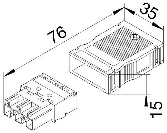 Technický výkres konektora. Rozmery: dĺžka 76 mm, šírka 35 mm, výška 15 mm. Zapojovacie kontakty a puzdro sú zreteľne viditeľné.